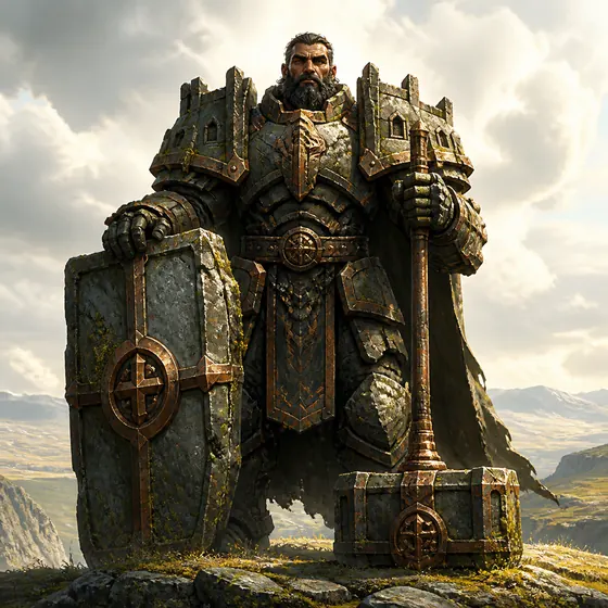 Stonewarden, an armored giant with a tower shield