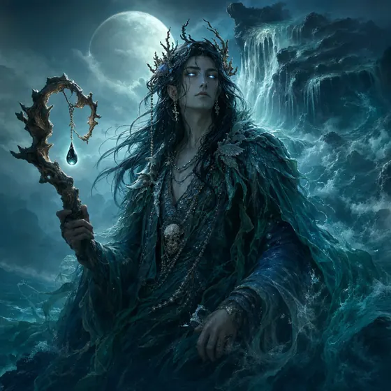 Tidecaller, a sea mystic holding a driftwood staff